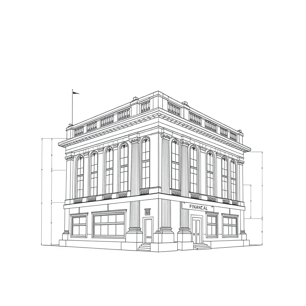 A technical architectural blueprint of a financial building,