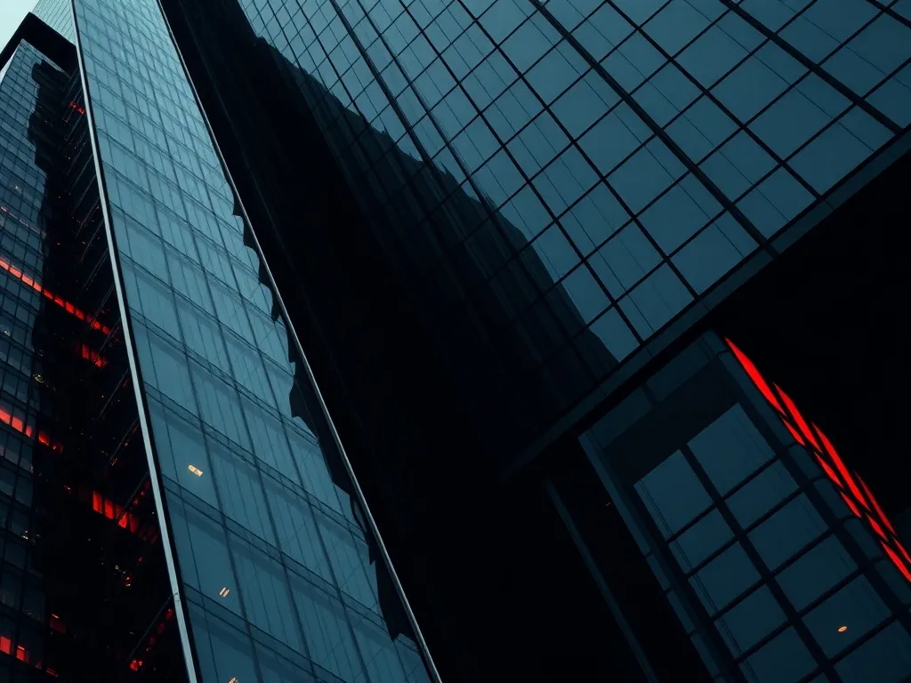 A high-contrast architectural shot of a modern glass and ste