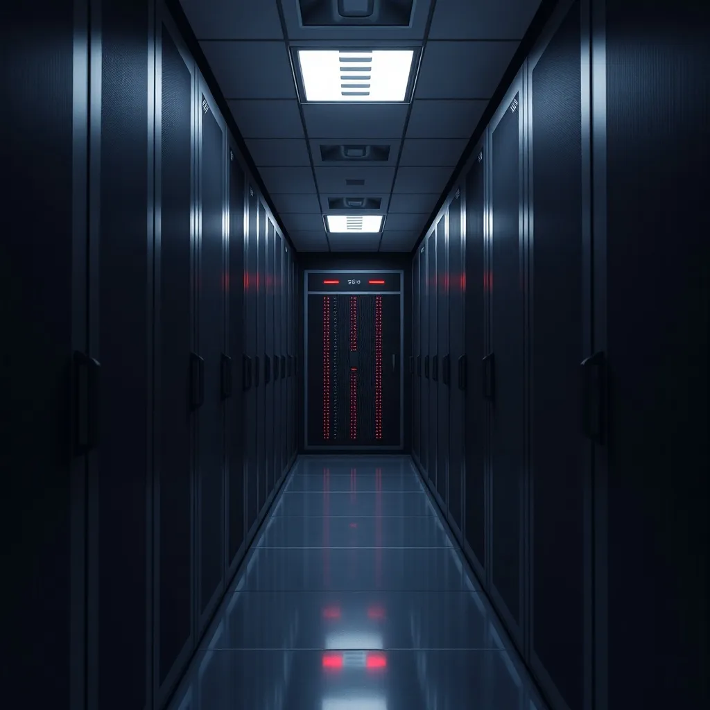A high-tech server room with linear perspective, dark graphi